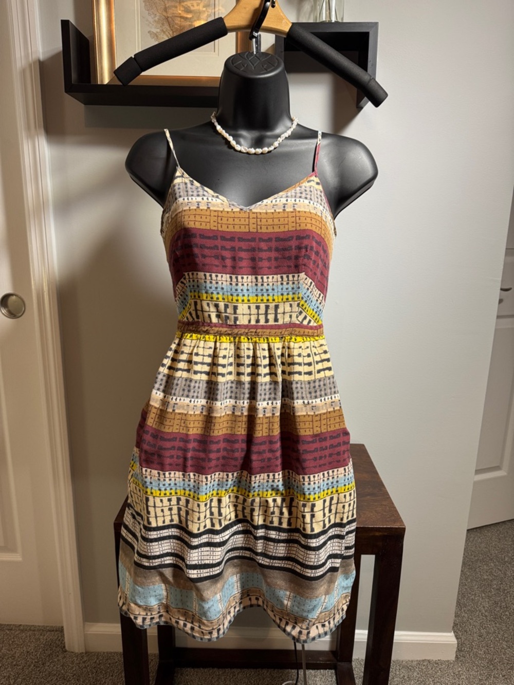 Striped Spaghetti-Strap Dress in Burgundy & Mustard